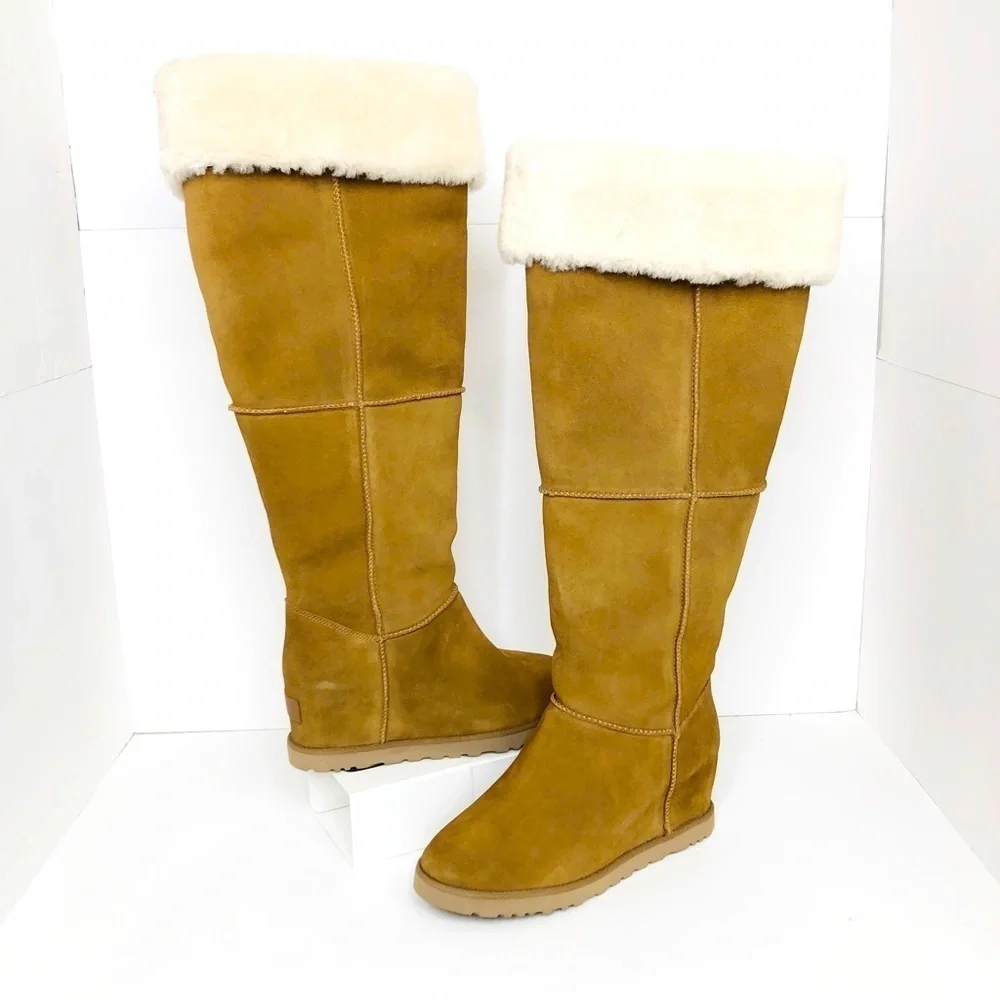 Ugg tall suede fold over wedged heeled boots